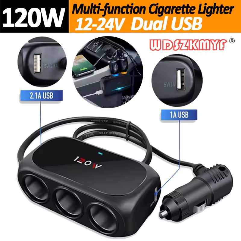 120W 3 Socket Car Charger Adapter