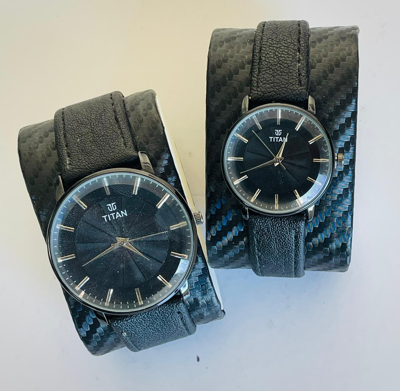 Titan Leather Strap Couple Watch (Black)