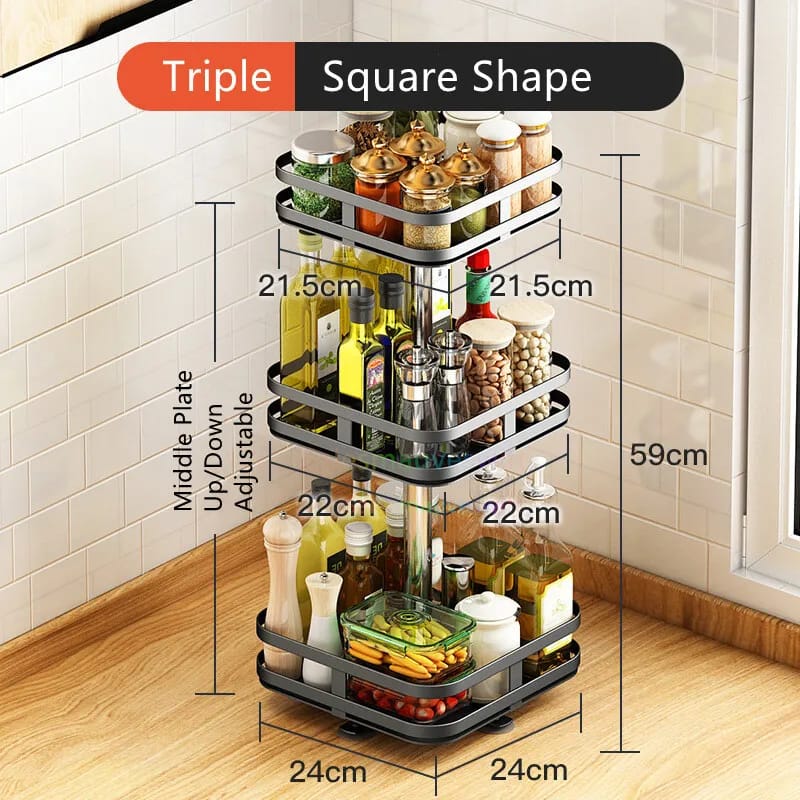3 Tier Rotating Square Shape Kitchen Storage Rack