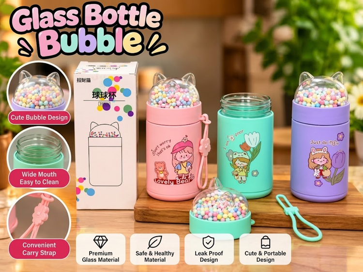 Cute Bubble Cat-Ear Glass Water Bottle - 761-24A